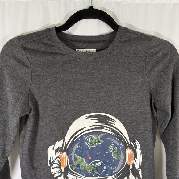 Tommy Bahama Shirt Boys 8 Grey Astronaut Dinosaur Graphic Print Long Sleeve - Picture 2 of 9